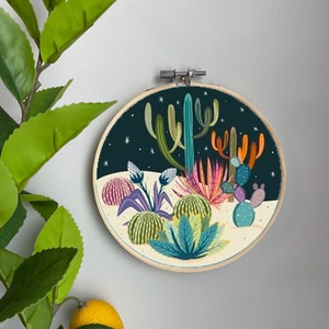 Desert Embroidery Template on Cotton - Cactus By Kathy_lecocq - Stars Night Sky Embroidery Pattern for 6" Hoop Custom Printed by Spoonflower