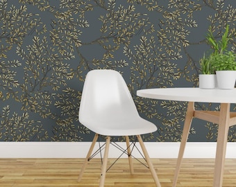 Botanical Peel and Stick Wallpaper -  Branches Nature Olive Branch Olive Tree Gray - Removable Wall Decor Art - Golden Branches by eti_enne