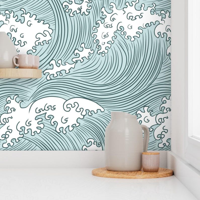 Ocean Waves Wallpaper - Japanese Waves By Sveta Aho - Pine Green Mint Blue Nautical Removable Self Adhesive Wallpaper Roll by Spoonflower image 7