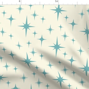 Atomic Teal Blue Stars Fabric - Atomic Starburst Blue By Roofdog Designs - Atomic Blue Astro Cotton Fabric By The Yard With Spoonflower