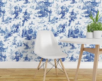 Chinoiserie Peel and Stick Wallpaper - Blue White Vintage Toile Chinese Garden - Removable Wall Decor Art - Manchurian Toile by eti_enne