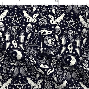 Witchy Fabric - Witchy New Moon by irisbarges - Moon Raven Pentagram Witchcraft Ritual Mushroom Moth Bat  Fabric by the Yard by Spoonflower