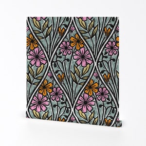 Stained Glass Floral Wallpaper - Floral Block Print by amy_maccready - Damask Botanical Removable Peel and Stick Wallpaper by Spoonflower