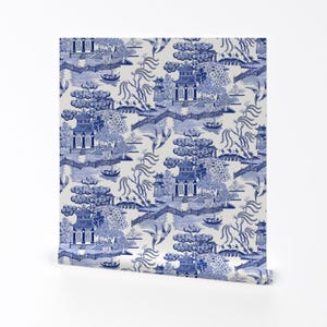 Pagode Chinoiserie Ablösbare Tapete - Blaue Toile Chinesische Botanische - Tapete - Wand Kunst - Blaue Weide von whitneyenglish