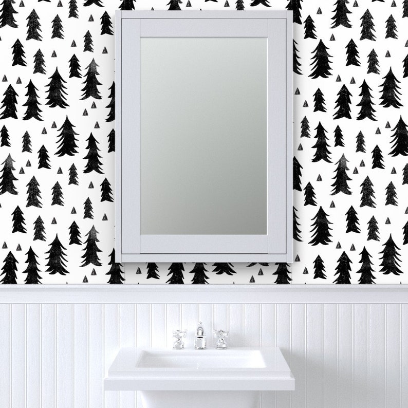 Nursery Wallpaper Forest Trees / Black White Minimal by | Etsy
