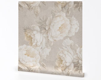 Boho Wallpaper - Peonies On Beige Large by digitalarsiart -  Cottagecore Peony Floral Removable Peel and Stick Wallpaper by Spoonflower