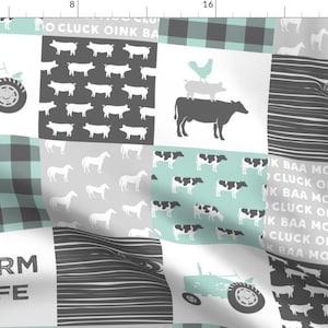 Cheater Quilt Fabric - Farm Life - Farm Wholecloth - Dark Mint And Grey By Littlearrowdesign - Patchwork Print Fabric With Spoonflower