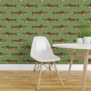 Fish Wallpaper Brook Trout by Weavingmajor Vintage Green - Etsy