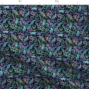 Cat Fabric - Cats In The Garden By Mirabelle Print - Black Purple Blue Feline Damask Ornate Swirl Cotton Fabric By The Yard With Spoonflower