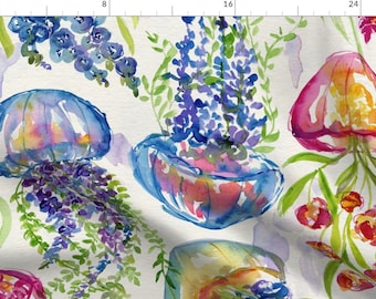 Floral Jellyfish Fabric - Botanical Jellyfish by krystinmann - Surreal Flowers Watercolor Ocean Nautical Fabric by the Yard by Spoonflower