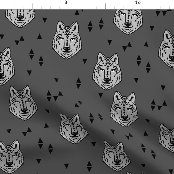 Wolf Fabric - Charcoal Grey Kids Triangles Animal Head Wolves For Boys Room By Andrea Lauren - Cotton Fabric by the Yard with Spoonflower