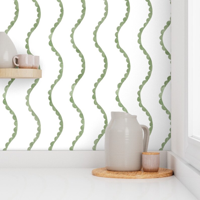 Sage Green Stripe Wallpaper Watercolor Waves Scalloped by Etsy