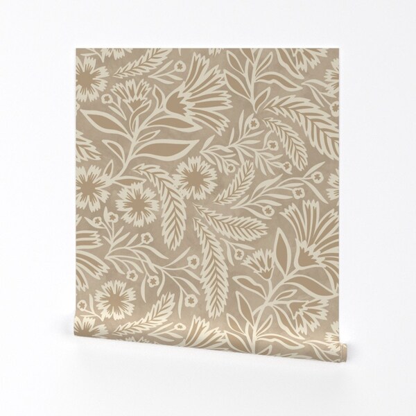 Farmhouse Floral Wallpaper - Trailing Floral by jen_owens - Botanical Taupe Tan Cream Removable Peel and Stick Wallpaper by Spoonflower