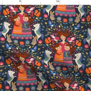 May include: A patterned fabric design with a dark blue backdrop, showcasing vibrant illustrations. The design includes women and children, unicorns, squirrels, rabbits, birds, and flowers in orange, pink, and blue hues.