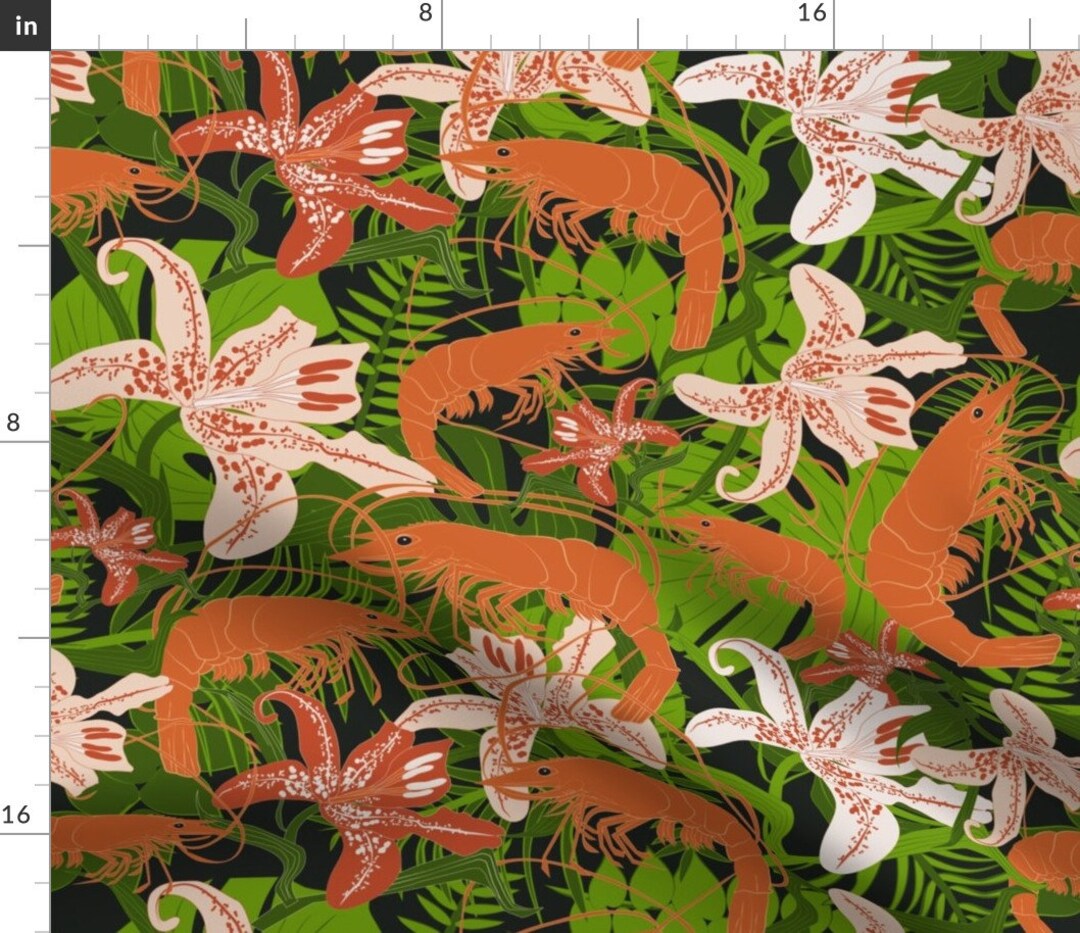 Shrimp Pattern African Wax Print Fabric – Red and Yellow Crustacean Motif on Olive Background main image 0