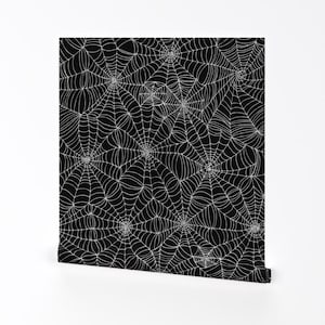Spider Web Removable Peel and Stick Wallpaper - Halloween White Black And White - Wall Art Wall Decor - Spiderwebs White On Black by cecca