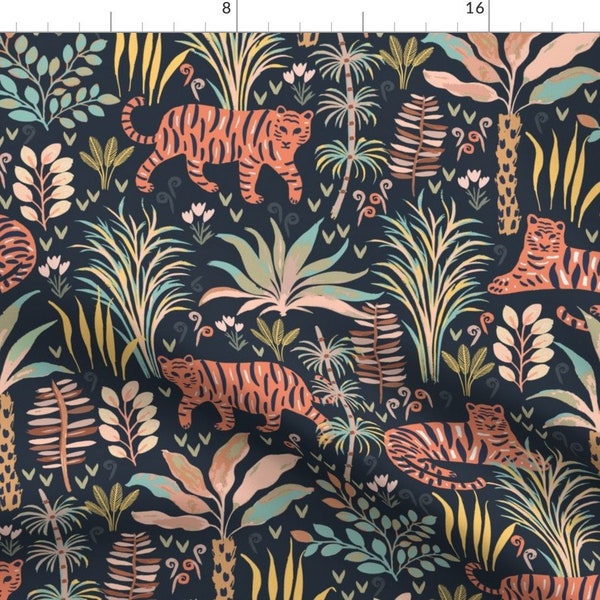 Year of the Tiger Fabric - Tiger Reserve By Jill O Connor - Kids Whimsical Jungle Navy Tropical Cotton Fabric By The Yard With Spoonflower