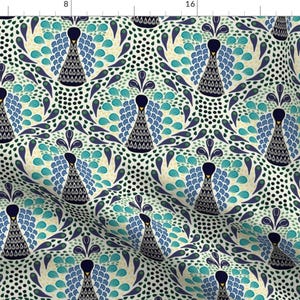 May include: A seamless pattern featuring peacocks with blue, green, and black feathers on a cream background with black dots.