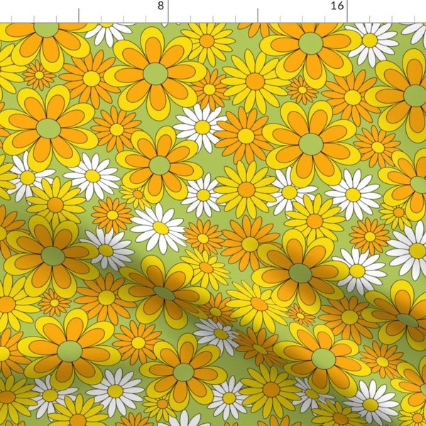 Retro Floral Fabric - Flower Power by emily_retro - 70s Yellow Orange Green Groovy Flower Power Hippie  Fabric by the Yard by Spoonflower