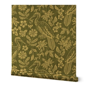Boho Botanical Gold or Silver Metallic Wallpaper - Bohemian Bird by fernlesliestudio - Dark Sage Green Earthy Wallpaper Roll by Spoonflower