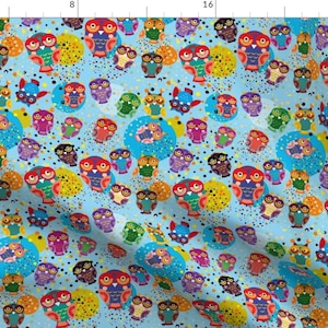 Dotted Owl Fabric - Colorful Owls On A Blue Background. By Ekaterinap - Abstract Rainbow Owl Cotton Fabric By The Yard With Spoonflower