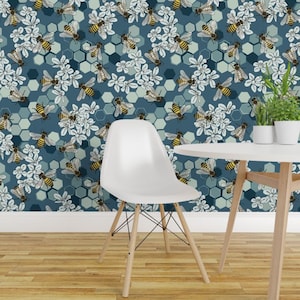 Honey Bees Wallpaper - Save The Honey Bees Teal By Fernlesliestudio - Hexagons Bees Removable Self Adhesive Wallpaper Roll by Spoonflower