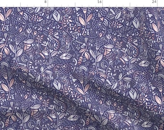 Purple Floral Pattern Fabric - Neutral Bohemian Flowers Blue By Diseminger - Purple Flowers Cotton Fabric By The Yard With Spoonflower