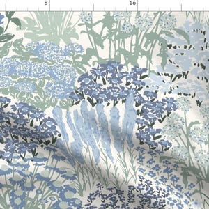 May include: A seamless pattern featuring a stylized floral design in shades of blue and green on a white background. The pattern is reminiscent of a garden with various types of flowers and foliage.