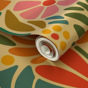 Psychedelic Floral Gold or Silver Metallic Wallpaper - Retro 1960s Pink Botanical Wallpaper Roll - Maximalism Folk by jenflorentine - image 2