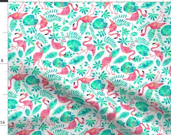 Flamingo Fabric - Flamingo Jungle Watercolor White Mint By Heleen Vd Thillart - Flamingo Cotton Fabric By The Yard With Spoonflower