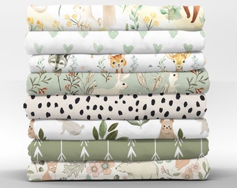 Gender Neutral Cotton Fabric - Sage Green Woodland Animal Collection Petal Signature Cotton Mix & Match Fabric by Spoonflower