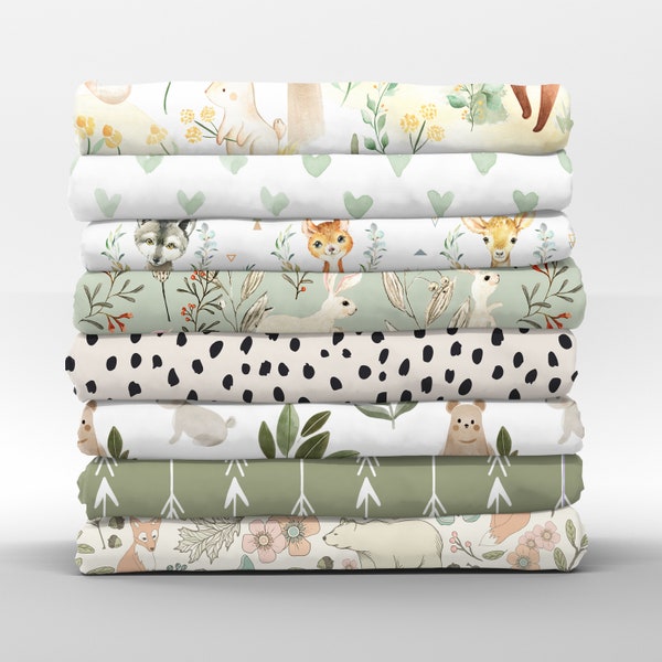 Gender Neutral Cotton Fabric - Sage Green Woodland Animal Collection Petal Signature Quilting Cotton Mix & Match Fabric by Spoonflower