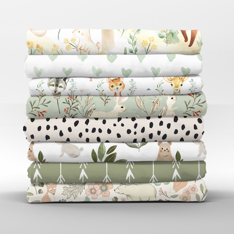 Gender Neutral Cotton Fabric Sage Green Woodland Animal Collection Petal Signature Quilting Cotton Mix & Match Fabric by Spoonflower image 1