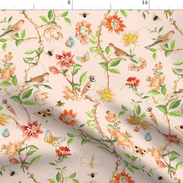 Vintage Botanical Fabric - Antiqued Bird Chinoiserie by utart - Orange Flora Watercolor Birds Bees Floral Fabric by the Yard by Spoonflower