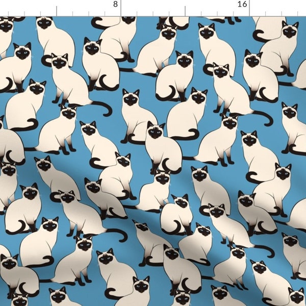 Blue Cats Illustration Fabric - Siamese Cats Crowd Colofrul On Blue By Nadyabasos - Cat Cotton Fabric By The Yard With Spoonflower