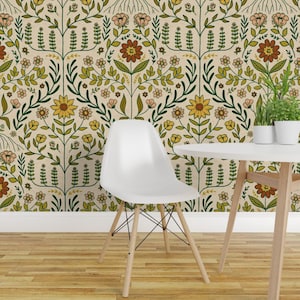 Botanical Damask Peel and Stick Wallpaper - Vintage Floral Sunflowers Daisies Cream  - Removable Wall Decor Art - Brittany by scarlet_soleil