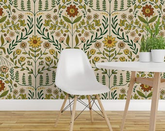 Botanical Damask Peel and Stick Wallpaper - Vintage Floral Sunflowers Daisies Cream  - Removable Wall Decor Art - Brittany by scarlet_soleil