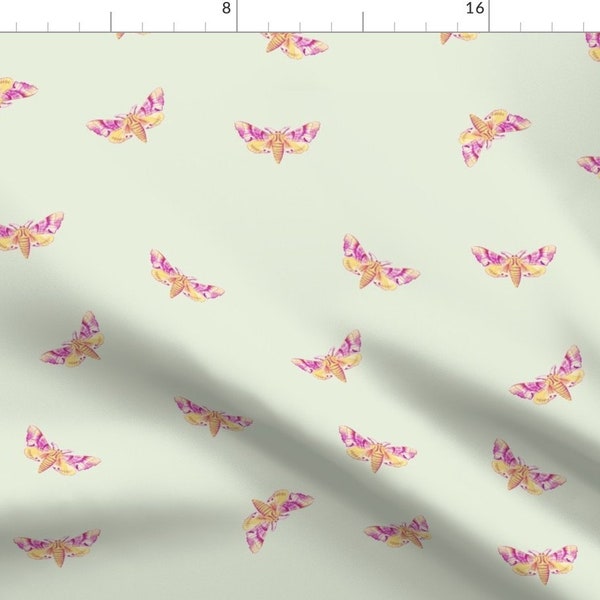 Pink Moth Fabric - Moth Yellow Magenta On Pale Green By Thistleandfox - Woodland Nursery Decor Cotton Fabric By The Yard With Spoonflower