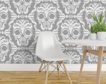 Victorian Skull Peel and Stick Wallpaper - Skeleton Death Gothic Rococo  - Removable Wall Decor Art - Scrollwork Skulls Gray by thecalvarium