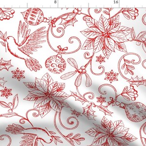 Poinsettia Fabric - Christmas Toile Ornaments By Cressida Carr - Red White Vintage Ornaments Cotton Fabric By The Yard With Spoonflower