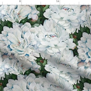 White Peonies Fabric - White Peonies By Helen@Klebesadel Com - White Floral Green Home Decor Cotton Fabric By The Yard With Spoonflower