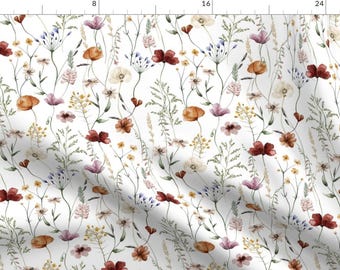 Cottagecore Fabric - Watercolor Wildflowers by utart - Poppy Wildflowers Vintage Flower Nursery Floral Fabric by the Yard by Spoonflower