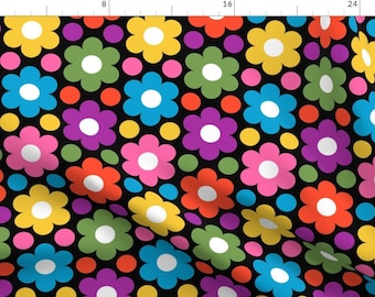1970s Fabric - Circle Flowers Trendy1970s By Sef - Trendy 1970s Retro Home Decor Florals Black Cotton Fabric By The Yard With Spoonflower