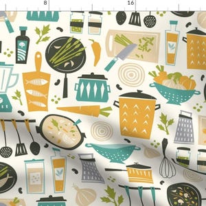Cooking Fabric - Home Chef by ammiecreative - Kitchen Utensils Tools Fish Soup Spatula Chef Skillet Pots Fabric by the Yard by Spoonflower