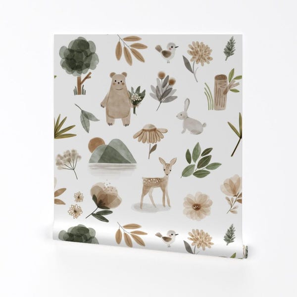 Watercolor Removable Peel and Stick Wallpaper - Nature Woodland Floral Forest Deer - Wall Art Wall Decor - Woodland Springs by hipkiddesigns