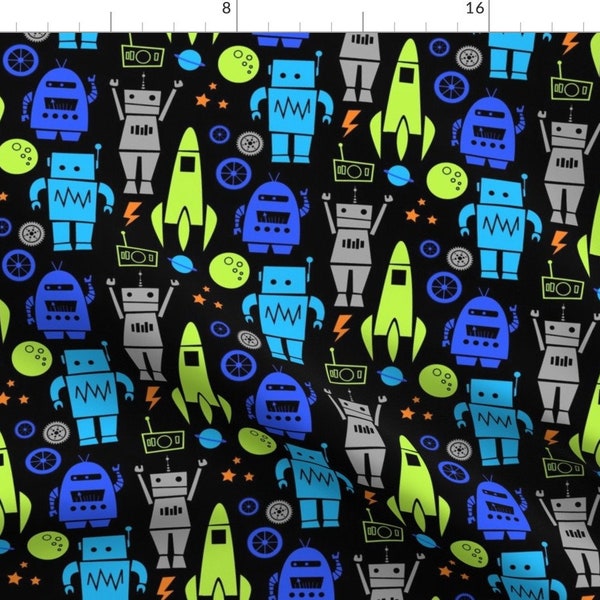 Robots Fabric - Rockets N' Robots (Lime) By Leanne Hatch- Space Robot Boys Nursery Cotton Fabric By The Yard With Spoonflower