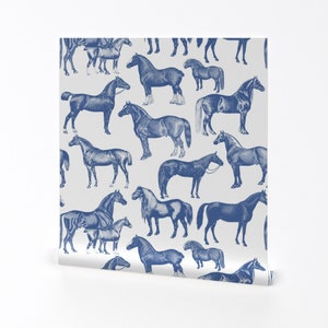 Navy And White Wallpaper - Blue Horse Pattern By Ponymacaroni - Horse Custom Printed Removable Self Adhesive Wallpaper Roll by Spoonflower