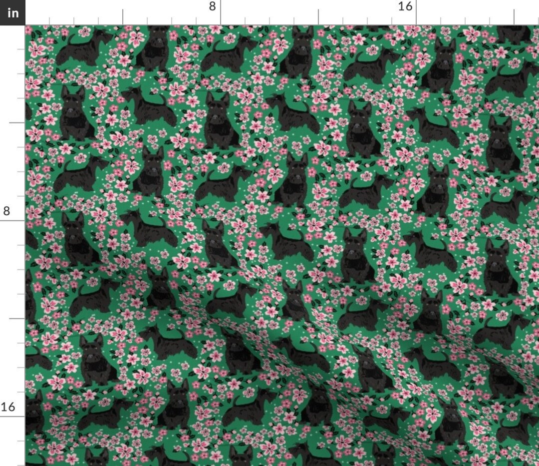 Black Scottie Dog Fabric Scottie Dog Cherry Blossom Spring Etsy