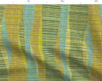 May include: A fabric with a striped pattern in shades of green, yellow, and blue. The fabric is woven with a subtle texture and has a slight sheen.