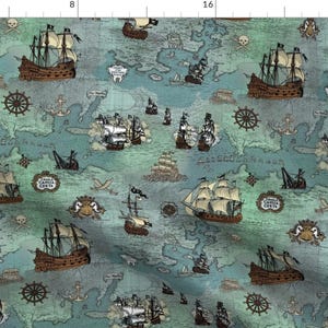 Ship Map Fabric - Pirate Ships Map Blue Small Repeat By Teja Jamilla - Sailing Map Nursery Decor Cotton Fabric By The Yard With Spoonflower